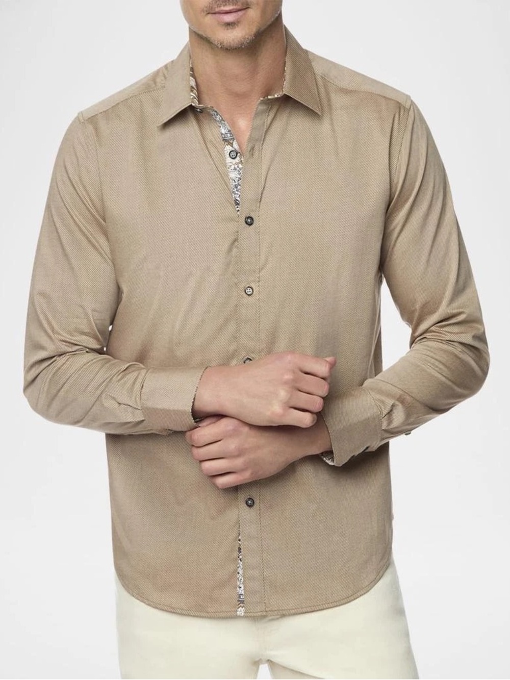 Robert Graham Beige Long-Sleeve Dress Shirt with Contrast Trim